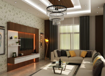 Luxury living room featuring a leaf-patterned wallpaper, a large white L-shaped sectional sofa, and a grand crystal tiered chandelier.