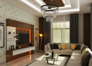 Luxury living room featuring a leaf-patterned wallpaper, a large white L-shaped sectional sofa, and a grand crystal tiered chandelier.