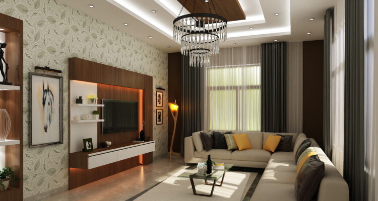 Luxury living room featuring a leaf-patterned wallpaper, a large white L-shaped sectional sofa, and a grand crystal tiered chandelier.