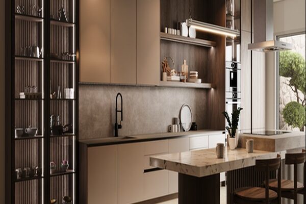 Contemporary kitchen design with taupe cabinets, a marble waterfall island, and floor-to-ceiling fluted glass display shelving with integrated accent lighting