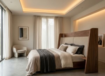 Minimalist master bedroom with a custom curved wooden headboard, tray ceiling lighting, and neutral tones by St. Mary's Wood Crafts Interiors.