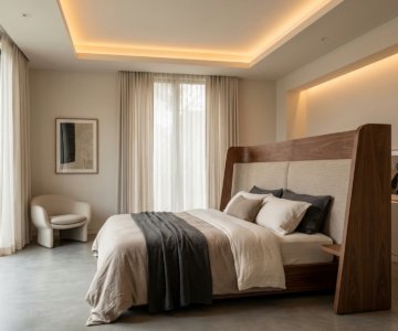 Minimalist master bedroom with a custom curved wooden headboard, tray ceiling lighting, and neutral tones by St. Mary's Wood Crafts Interiors.