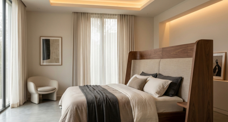Minimalist master bedroom with a custom curved wooden headboard, tray ceiling lighting, and neutral tones by St. Mary's Wood Crafts Interiors.