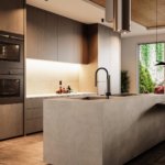 Modern modular kitchen with wooden cabinets and island countertop design