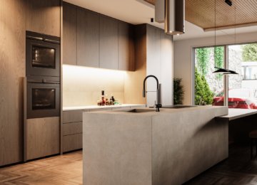 Modern modular kitchen with wooden cabinets and island countertop design
