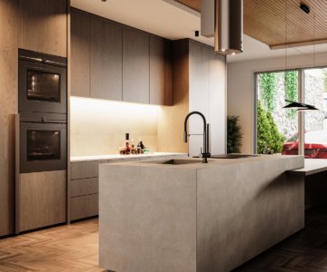 Modern modular kitchen with wooden cabinets and island countertop design
