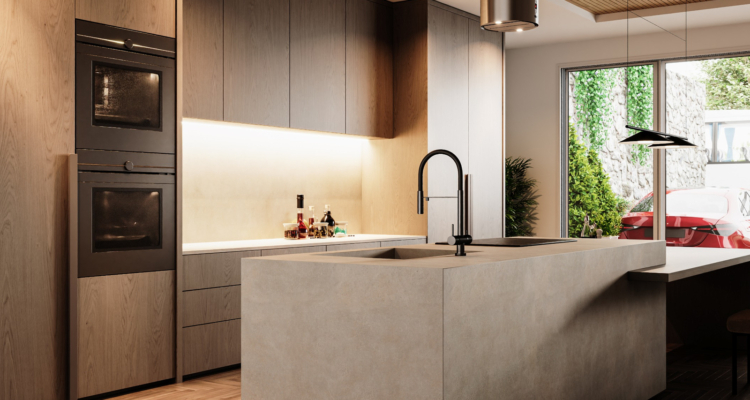 Modern modular kitchen with wooden cabinets and island countertop design