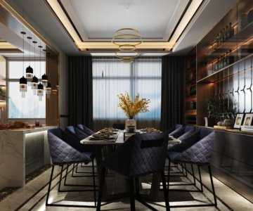 Luxury modern dining room featuring navy quilted chairs, a gold tiered chandelier, and a marble waterfall kitchen island with integrated lighting