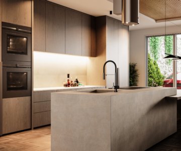 Minimalist Wood Kitchen with Concrete Island and Built-in Ovens