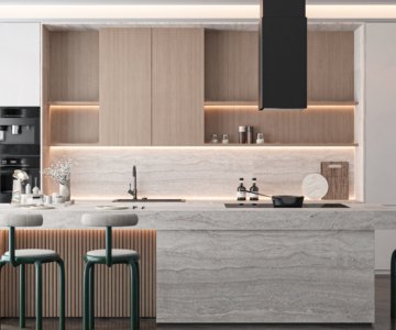 Minimalist modular kitchen design with marble island countertop, wooden cabinets and modern bar stools