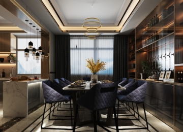 Contemporary living room interior in Kerala featuring a custom floor-to-ceiling geometric wooden partition, neutral-toned luxury sofa, and designer window drapes.