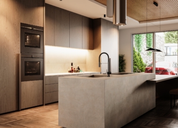 Sleek and minimalist U-shaped modular kitchen in Trivandrum featuring grey base cabinets, wood grain upper cabinets, and a concrete-style waterfall island.