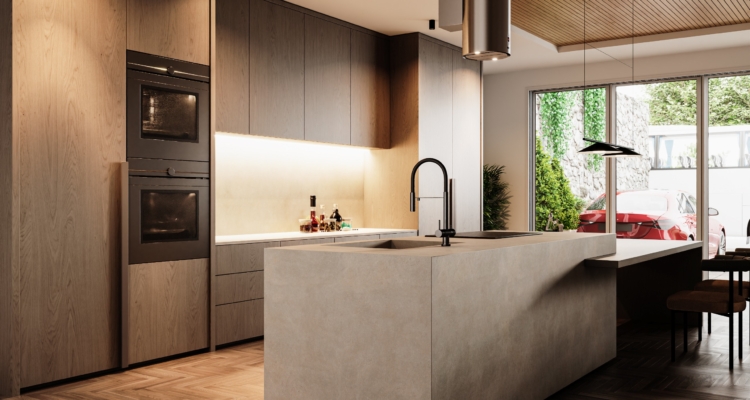 Sleek and minimalist U-shaped modular kitchen in Trivandrum featuring grey base cabinets, wood grain upper cabinets, and a concrete-style waterfall island.
