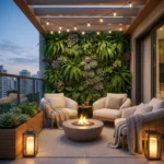 Urban balcony garden design in Kochi featuring a vertical plant wall, artificial turf flooring, and contemporary outdoor seating for a biophilic lifestyle.