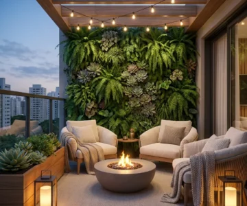 Urban balcony garden design in Kochi featuring a vertical plant wall, artificial turf flooring, and contemporary outdoor seating for a biophilic lifestyle.