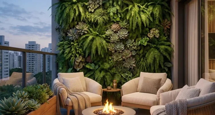 Urban balcony garden design in Kochi featuring a vertical plant wall, artificial turf flooring, and contemporary outdoor seating for a biophilic lifestyle.
