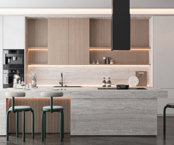 Luxury U-shaped kitchen in Kochi with customized wood-finish upper cabinets, grey base units, and a large window for natural lighting.