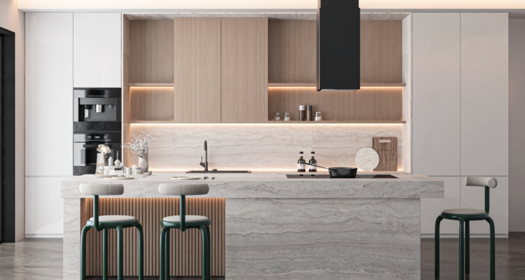 Luxury U-shaped kitchen in Kochi with customized wood-finish upper cabinets, grey base units, and a large window for natural lighting.