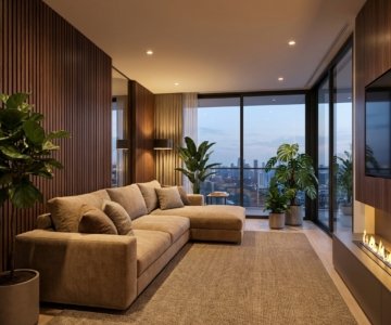 Contemporary living room interior in Kochi featuring a luxury grey sectional sofa, marble-top coffee table, and large windows for natural lighting.