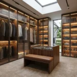 Luxury floor-to-ceiling wooden wardrobe in Trivandrum featuring a natural wood grain finish, integrated open display shelves, and sleek black minimalist handles.