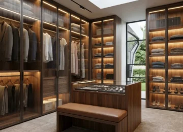 Luxury floor-to-ceiling wooden wardrobe in Trivandrum featuring a natural wood grain finish, integrated open display shelves, and sleek black minimalist handles.