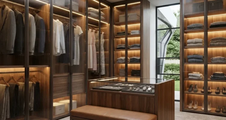 Luxury floor-to-ceiling wooden wardrobe in Trivandrum featuring a natural wood grain finish, integrated open display shelves, and sleek black minimalist handles.